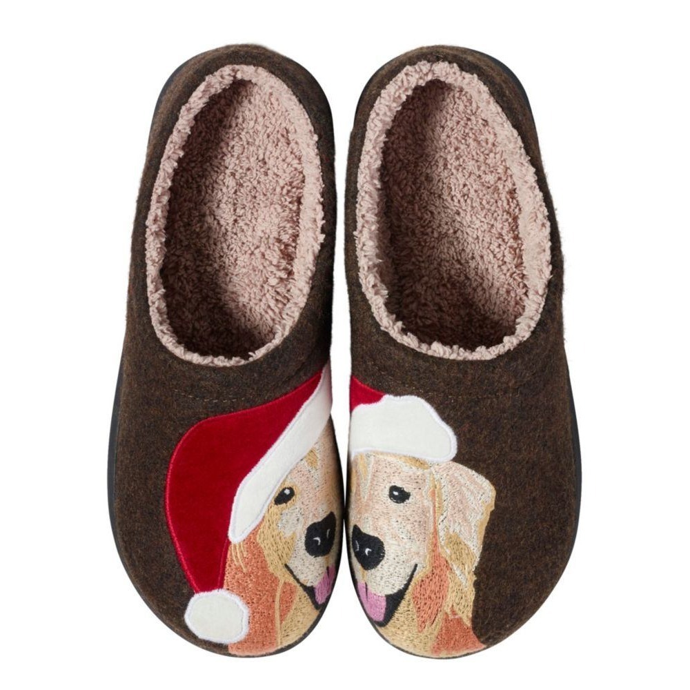LL Bean Daybreak Scuff Slippers Golden Retriever Santa Hat Wool Brown Womens 9